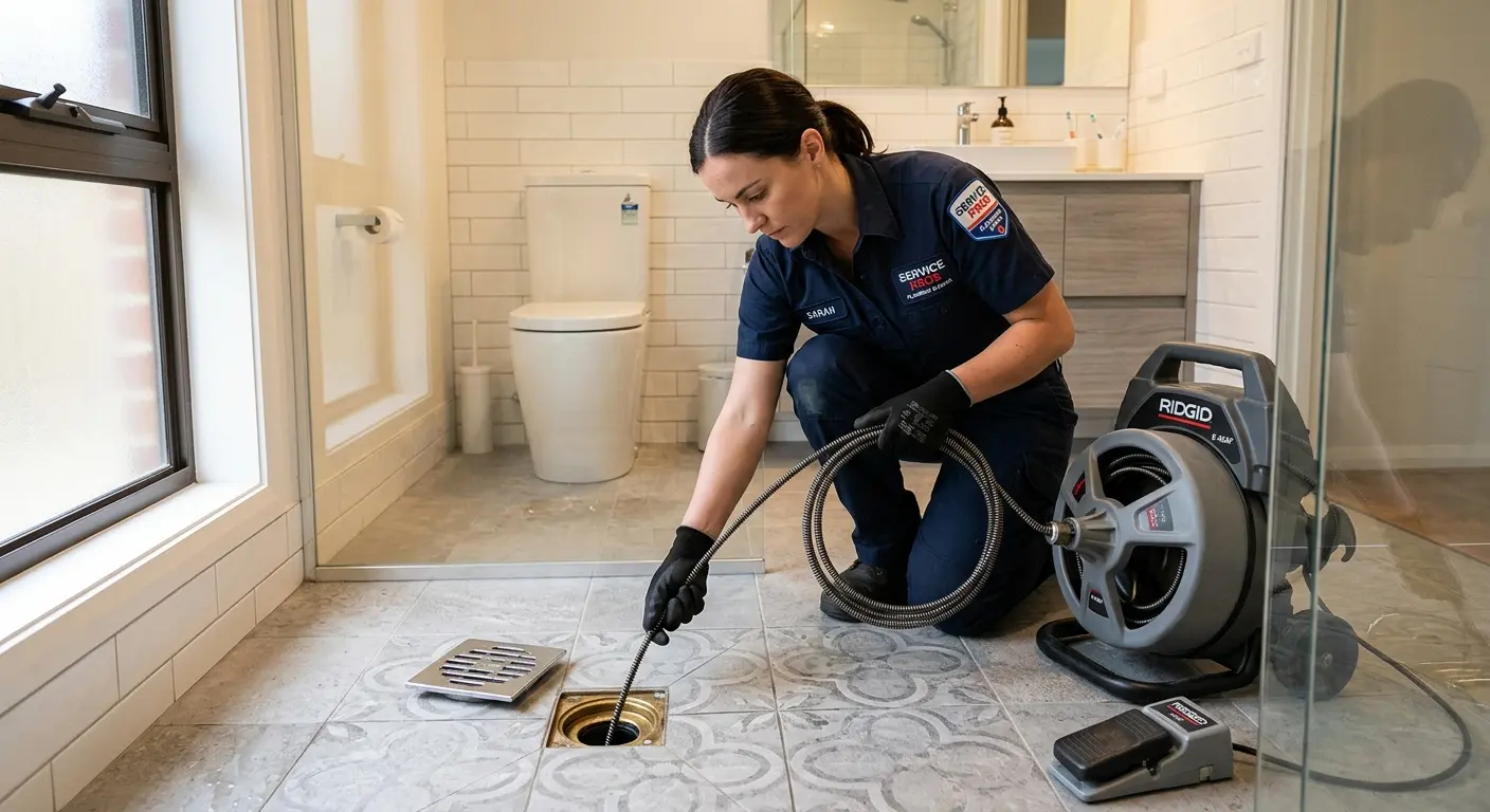 Technician clearing a bathroom floor drain for Sewer Line Installation in Tice